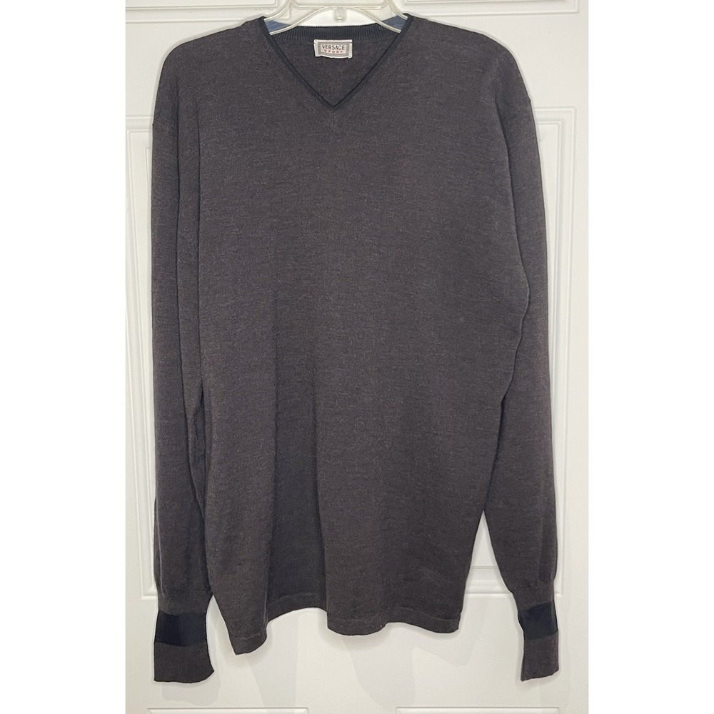 Vintage Versace Sport Men's Large Gray Merino Wool V-Neck Sweater Pullover Y2K